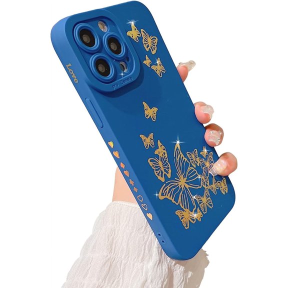 Compatible with iPhone 12 Pro Max Case, Butterfly Pattern with Side Plated Heart Pattern Soft Silicone Shockproof Full Camera Lens Cute Case for iPhone 12 Pro Max 6.7" for Women Girl,Blue