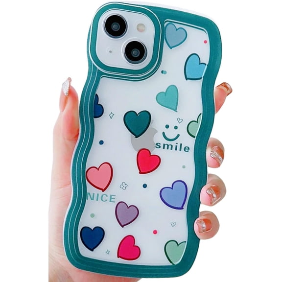 Compatible with iPhone 12 Pro Max Case Clear with Heart Design for Women Girls,Aesthetic Cute Wavy Soft Shockproof Cell Phone Cover for iPhone 12ProMax 6.7 Inch (Pine Green)