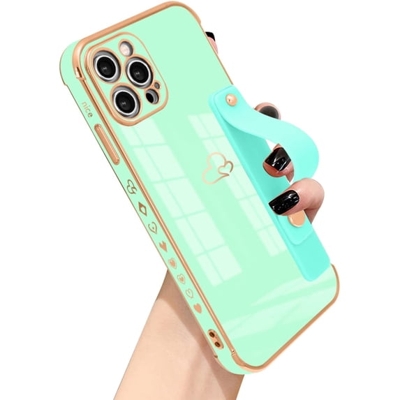 Compatible with iPhone 12 Pro Max Case with Cloud Love Heart Pattern,Soft TPU Cute Plating Wristband Holder Side Small Pattern Bumper Wrist Strap Case for iPhone 12 Pro Max Women Girl(Green)