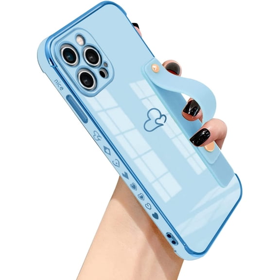 Compatible with iPhone 12 Pro Max Case with Cloud Love Heart Pattern,Soft TPU Cute Plating Wristband Holder Side Small Pattern Wrist Strap Case for iPhone 12 Pro Max Women Girl(Sky Blue)