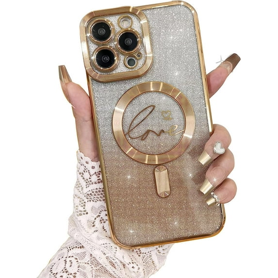 Compatible with iPhone 12 Pro Max Case,Compatible with MagSafe Love Heart Plating Camera Protection Clear Phone Case, Glitter for Women Girls Shockproof Back Bumper 6.7"-Gold