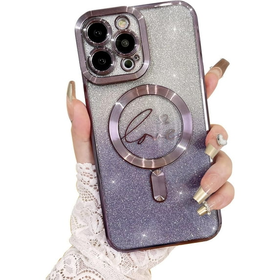 Compatible with iPhone 12 Pro Max Case,Compatible with MagSafe Love Heart Plating Camera Protection Clear Phone Case, Glitter for Women Girls Shockproof Back Bumper 6.7"-Purple