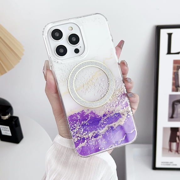 Compatible with iPhone 12 Pro Max Case Compatible with MagSafe, Transparent Marble White Glitter Point Case, Shockproof Protection Phone Case for Women Girls for iPhone 12 Pro Max - Darkpurple