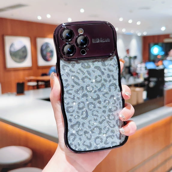 Compatible for iPhone 12 Pro Max Case,Cute Sparkly Bling Leopard Glitter Electroplated Wavy Edge Design for Women Girls TPU Shockproof Anti-Scratch Protective Phone Cover Case,Black