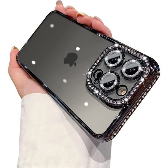 Compatible for iPhone 12 Pro Max Case with Glitter Diamond Camera Protector,Bling Rhinestone Clear Cute Phone Case Shockproof Sparkle Len for iPhone 12 Pro Max 6.7''-Black