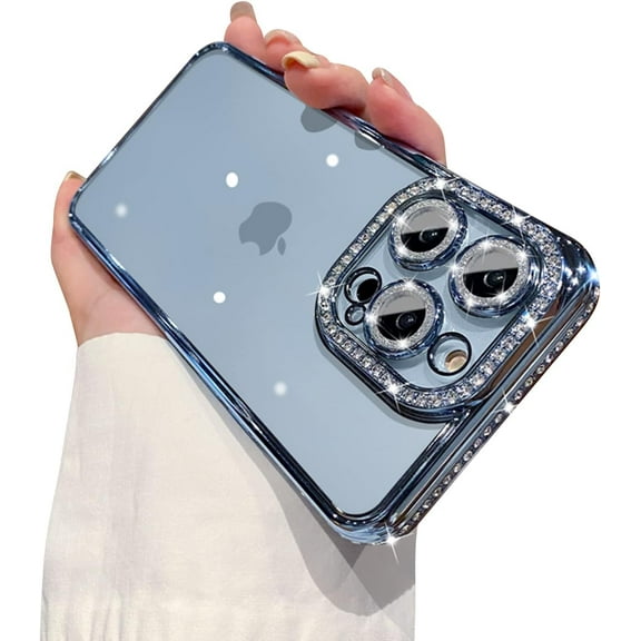 Compatible for iPhone 12 Pro Max Case with Glitter Diamond Camera Protector,Bling Rhinestone Clear Cute Phone Case Shockproof Sparkle Len for iPhone 12 Pro Max 6.7''-Blue