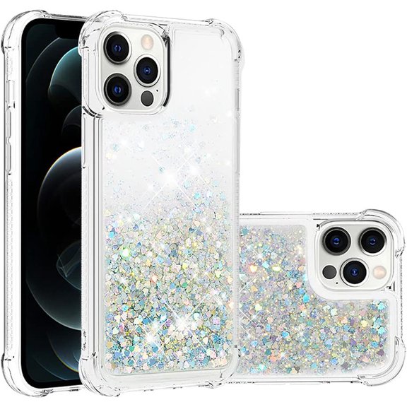 Compatible with iPhone 12 Pro Max Case Glitter Luxury Cute Love Liquid Quicksand Clear Soft TPU Girls Women Stylish Bumper Shockproof Protective Case for iPhone 12 Pro Max Sliver YB