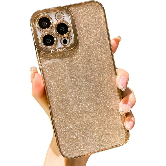 Compatible with iPhone 12 Pro Max Case Glitter,Luxury Plating Bling Sparkly Shiny Clear Case Camera Protection Design for Women Girly Soft Cover,Gold,6.7 Inch