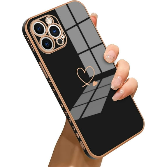 Compatible with iPhone 12 Pro Max Case Heart Cute Pattern Plating Electroplate Luxury Elegant Case Camera Protector Soft TPU Shockproof Protective Back Cover iPhone 12 Pro Max Case -Black