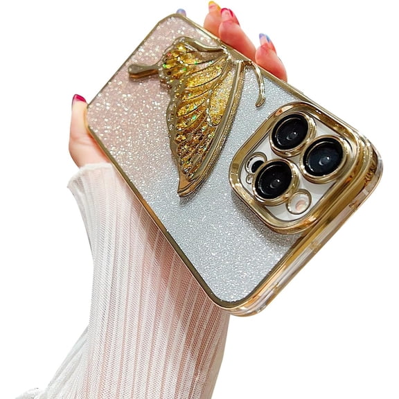 Compatible for iPhone 12 Pro Max Case with Luxury Glitter Cute Butterfly Plating Design Aesthetic Women Teen Girls Phone Cases Camera Protection Shockproof Cover-Gold