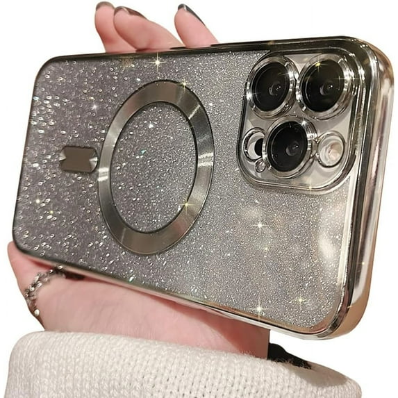 Compatible with iPhone 12 Pro Max Case,Luxury Magnetic Glitter Plating Bling Sparkle Shiny Bumper with Camera Protector Back Cover,Compatible with MagSafe for Women Girls-Silver