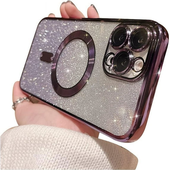 Compatible with iPhone 12 Pro Max Case,Luxury Magnetic Glitter Plating Bling Sparkle Shiny Bumper with Camera Protector Back Cover,Compatible with MagSafe for Women Girls-Purple