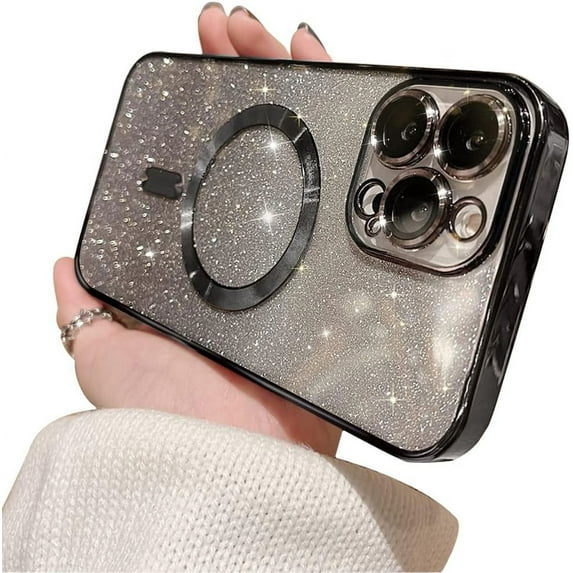 Compatible with iPhone 12 Pro Max Case,Luxury Magnetic Glitter Plating Bling Sparkle Shiny Bumper with Camera Protector Back Cover,Compatible with MagSafe for Women Girls-Black
