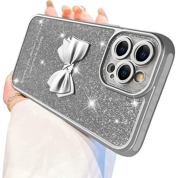 Compatible with iPhone 12 Pro Max Case Luxury Shiny Plating Cute 3D Bow Tie Butterfly Pattern Glitter Cover Shockproof Camera Protection Bling Case for iPhone 12 Pro Max Women Girls-Sliver