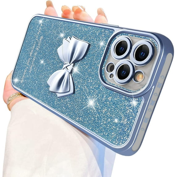 Compatible with iPhone 12 Pro Max Case Luxury Shiny Plating Cute 3D Bow Tie Butterfly Pattern Glitter Cover Shockproof Camera Protection Bling Case for iPhone 12 Pro Max Women Girls-Blue