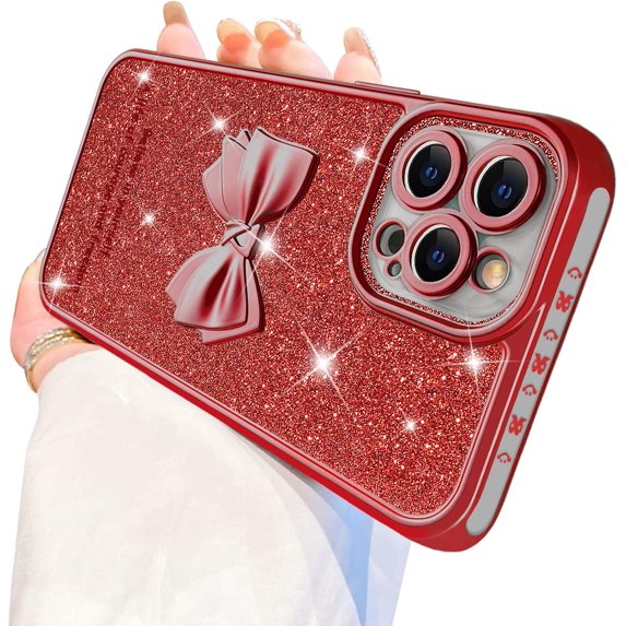 Compatible with iPhone 12 Pro Max Case Luxury Shiny Plating Cute 3D Bow Tie Butterfly Pattern Glitter Cover Shockproof Camera Protection Bling Case for iPhone 12 Pro Max Women Girls-Red