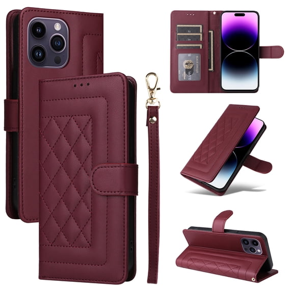 Compatible with iPhone 12 Pro Max Case, Premium Leather iPhone 12 Pro Max Wallet Book Case Magnetic Flip RFID Blocking Credit Card Holder Kickstand with Wrist Strap Shock Absorbing Case, Winered