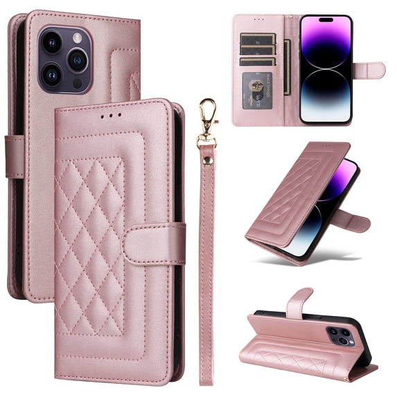 Compatible with iPhone 12 Pro Max Case, Premium Leather iPhone 12 Pro Max Wallet Book Case Magnetic Flip RFID Blocking Credit Card Holder Kickstand with Wrist Strap Shock Absorbing Case, Rosegold