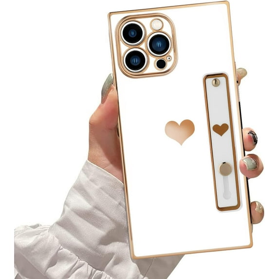 Compatible with iPhone 12 Pro Max Case with Strap Women Girls, Cute Luxury Gold Heart Pattern, Soft TPU Shockproof Loop Plating Protective Square Case Cover for iPhone 12 Pro Max 6.7 in-White