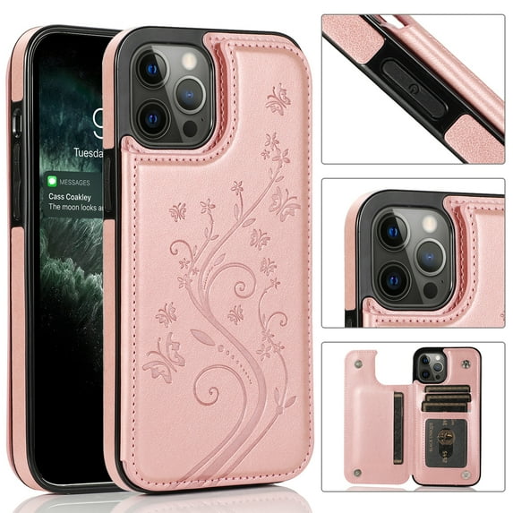 Compatible with iPhone 12 Pro Max Case Wallet with Card Holder,Embossed Butterfly Pattern PU Leather Double Magnetic Buttons Flip Shockproof Protective Cover for iPhone 12 Pro Max 6.7 Inch, Rose Gold