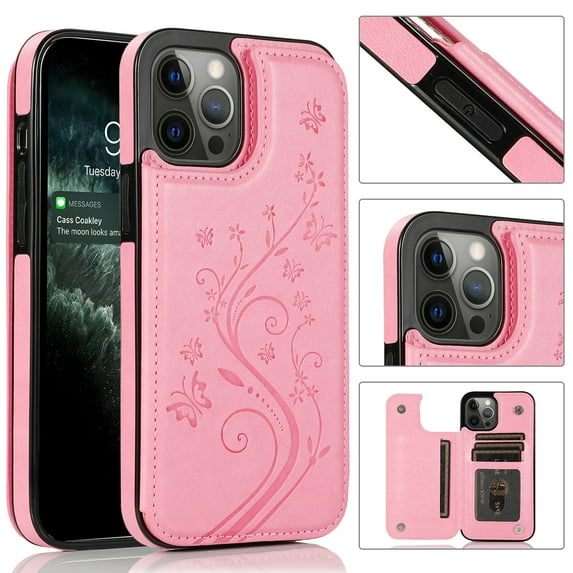 Compatible with iPhone 12 Pro Max Case Wallet with Card Holder,Embossed Butterfly Pattern PU Leather Double Magnetic Buttons Flip Shockproof Protective Cover for iPhone 12 Pro Max 6.7 Inch, Pink