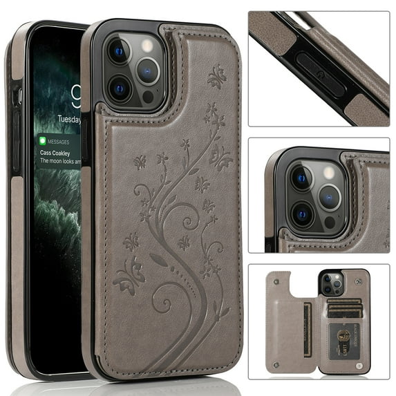 Compatible with iPhone 12 Pro Max Case Wallet with Card Holder,Embossed Butterfly Pattern PU Leather Double Magnetic Buttons Flip Shockproof Protective Cover for iPhone 12 Pro Max 6.7 Inch, Gray
