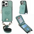 thumbnail image 1 of Compatible with iPhone 12 Pro Max Case Wallet, with Credit Card Holder Zipper Pocket Crossbody Strap Heart Pattern PU Leather Magnetic Clasp Kickstand Heavy Duty Protective Flip Cover, Green, 1 of 12