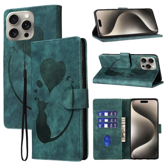 Compatible with iPhone 12 Pro Max Case Wallet Case with Kickstand Credit Card Holder Slot,Cute Cat & Love Heart Embossed Cover,Magnetic Closure Wrist Strap Luxury PU Leather Case,Green