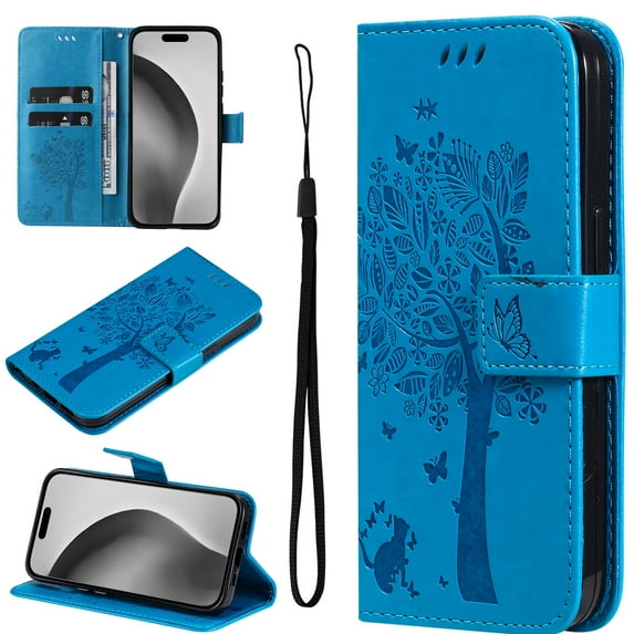 Compatible with iPhone 12 Pro Max Case Wallet Case with Kickstand Credit Card Holder Slots Cute Cat Butterfly & Tree Embossed Premium PU Leather Protective Phone Case with Wrist Strap,Blue