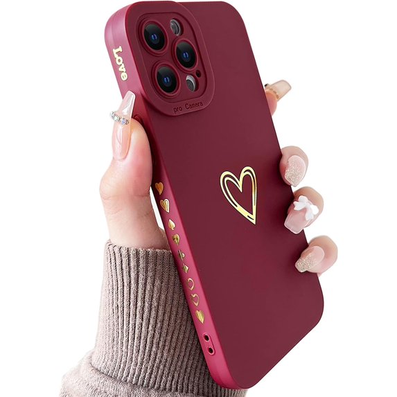 Compatible with iPhone 12 Pro Max Case for Women, Bronzing Luxury Heart Phone Case Cute Soft TPU Shockproof Full Camera Lens Protective Cover for iPhone 12 Pro Max 6.7 Inch - Burgundy