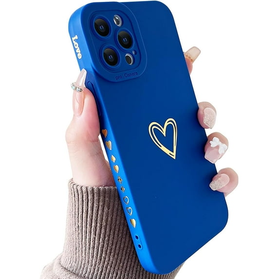 Compatible with iPhone 12 Pro Max Case for Women, Bronzing Luxury Heart Phone Case Cute Soft TPU Shockproof Full Camera Lens Protective Cover for iPhone 12 Pro Max 6.7 Inch - Klein Blue