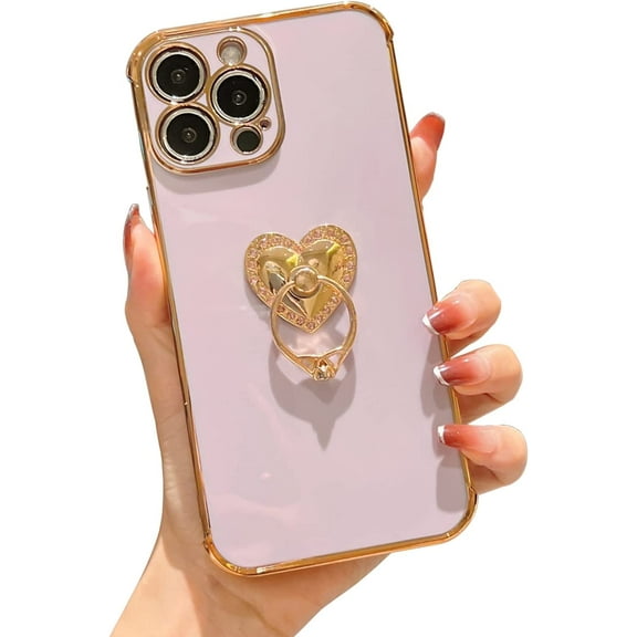 Compatible with iPhone 12 Pro Max Case for Women Girls,Cute Plating 360 Degree Rotation Love Heart Ring Kickstand Case Camera Lens Protection Shockproof Soft Flexible TPU Case-Purple