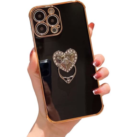 Compatible with iPhone 12 Pro Max Case for Women Girls,Cute Plating 360 Degree Rotation Love Heart Ring Kickstand Case Camera Lens Protection Shockproof Soft Flexible TPU Case-Black