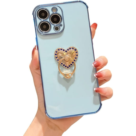 Compatible with iPhone 12 Pro Max Case for Women Girls,Cute Plating 360 Degree Rotation Love Heart Ring Kickstand Case Camera Lens Protection Shockproof Soft Flexible TPU Case-Sky Blue