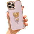 thumbnail image 1 of Compatible with iPhone 12 Pro Max Case for Women Girls,Cute Plating 360 Degree Rotation Love Heart Ring Kickstand Case Camera Lens Protection Shockproof Soft Flexible TPU Case-Purple, 1 of 14