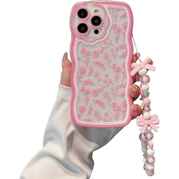 Compatible for iPhone 12 Pro Max Case for Women Girls,Cute Wave Border Flower Floral Clear with Bow Bracelet Ultra Slim Crystal Shockproof Soft TPU Anti-Yellow Protective Phone Cover-Pink
