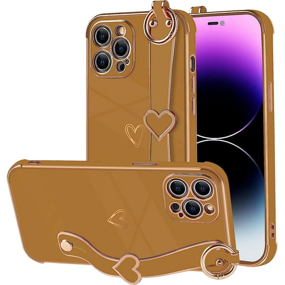 Compatible with iPhone 12 Pro Max Case for Women Girls,Soft TPU Cute Love Heart Plating Electroplate Wristband Bumper Holder Bling Case Slim Anti-Scratch Shockproof Luxury Case(Elegant Brown)