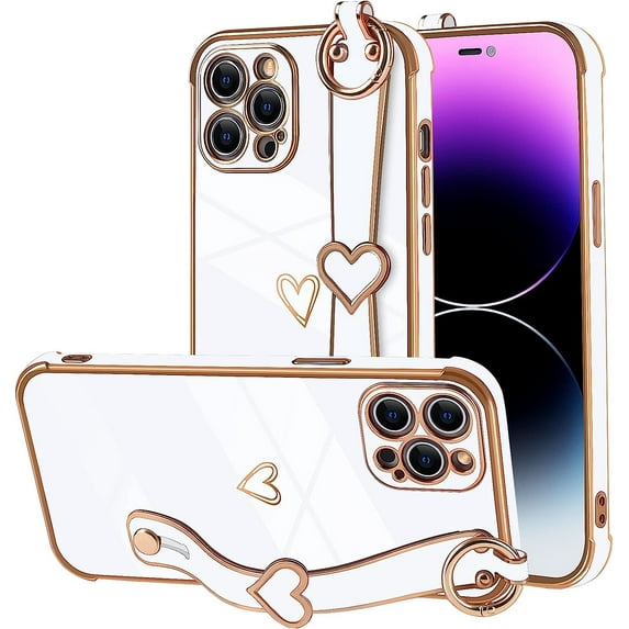 Compatible with iPhone 12 Pro Max Case for Women Girls,Soft TPU Cute Love Heart Plating Electroplate Wristband Bumper Holder Bling Case Slim Anti-Scratch Shockproof Luxury Case(Elegant White)
