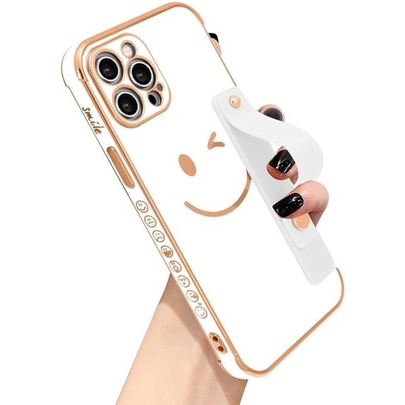 Compatible with iPhone 12 Pro Max Case for Women Girls,TPU Cute Plating Smiley Face Pattern Wristband Holder Case Camera Lens Protection Side Small Pattern Shockproof Wrist Strap Case-Black