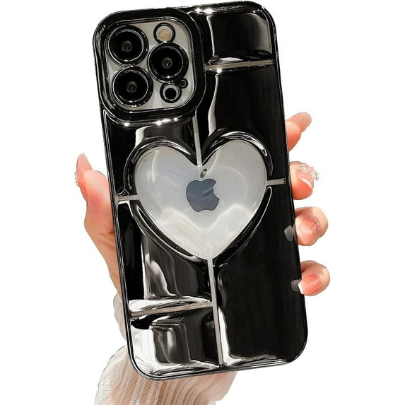 Compatible with iPhone 12 Pro Max Clear Glitter Case 6.7 Inch, Cute 3D Design Love Heart Pattern Plating Bling Case for Women Girls Soft TPU Shockproof Camera Protective Back Cover-Black