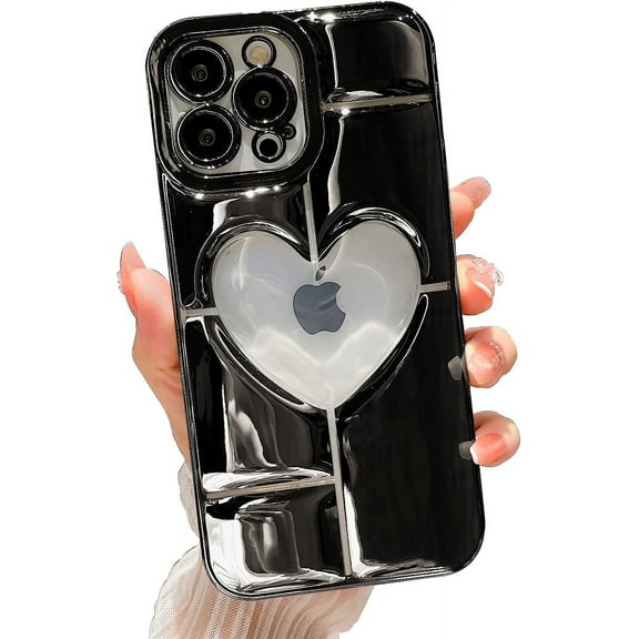 Compatible with iPhone 12 Pro Max Clear Glitter Case 6.7 Inch, Cute 3D Design Love Heart Pattern Plating Bling Case for Women Girls Soft TPU Shockproof Camera Protective Back Cover-Black