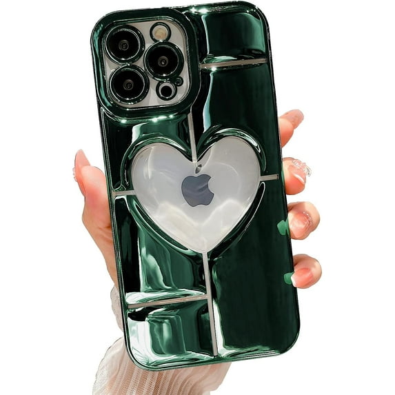 Compatible with iPhone 12 Pro Max Clear Glitter Case 6.7 Inch, Cute 3D Design Love Heart Pattern Plating Bling Case for Women Girls Soft TPU Shockproof Camera Protective Back Cover-Green