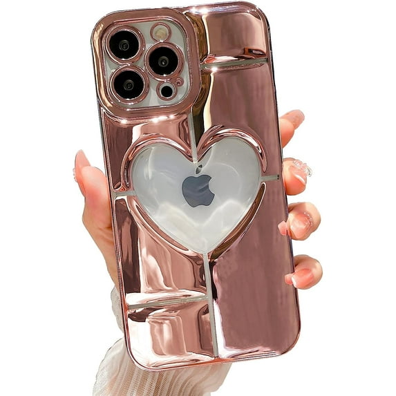 Compatible with iPhone 12 Pro Max Clear Glitter Case 6.7 Inch, Cute 3D Design Love Heart Pattern Plating Bling Case for Women Girls Soft TPU Shockproof Camera Protective Back Cover-Pink