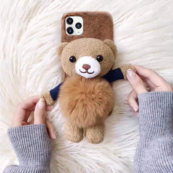 Compatible with iPhone 12 Pro Max Cute Case Lovely Plush Furry Cartoon 3D Bear Kickstand for Women and Girls Kawaii Case Soft TPU Shockproof Protective Cover for iPhone 12 Pro Max, Brown