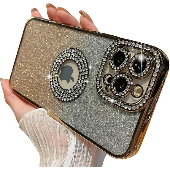 Compatible with iPhone 12 Pro Max Glitter Case,Luxury Cute Sparkle Diamond Design with Bling Camera Protection Plating Logo View,Aesthetic Shockproof Bumper for Women Girls Phone Cover-Gold