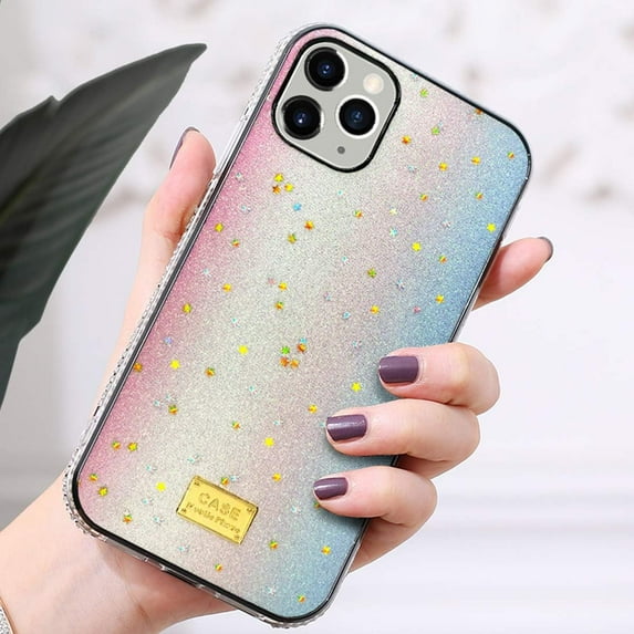 Compatible with iPhone 12 Pro Max Glitter Sparkle Bling Case Ultra Slim Diamond Edge Gold Shiny Star Gems Durable TPU Shockproof Bumper for Woman Girls Protective Cover Case, 6.7 Inch, Blue
