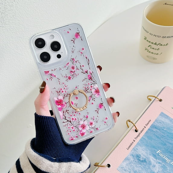 Compatible with iPhone 12 Pro Max, Luxury Thin Phone Case with Clear Floral Pattern Ring Stand for Women Girls Fashion Soft Flexible Durable Ultra Slim TPU Case for iPhone 12 Pro Max, Flower #5