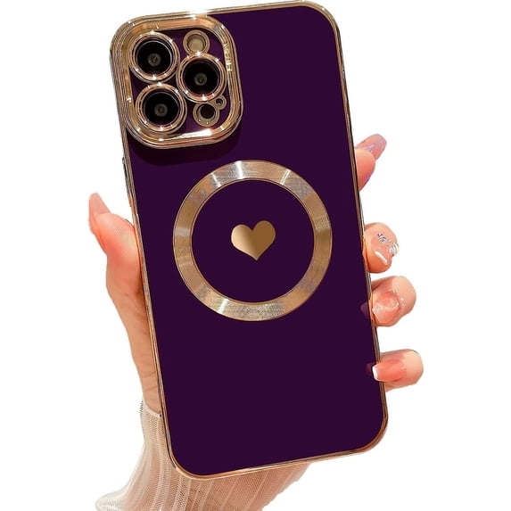Compatible with iPhone 12 Pro Max Magnetic Case-6.7 Inch, Luxury Love Heart Pattern Plating Phone Case, Compatible with MagSafe for Women Girls Shockproof Back Cover-Purple
