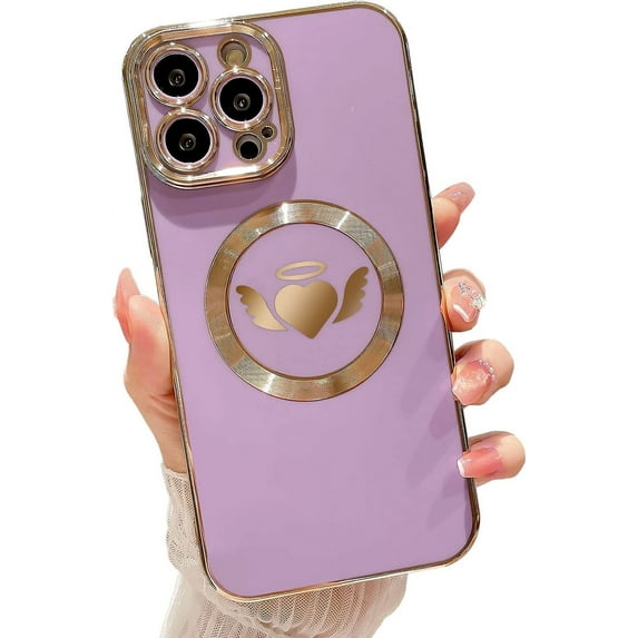 Compatible with iPhone 12 Pro Max Magnetic Case 6.7 Inch,with Wings, Heart,Angel Pattern Luxury Plating Phone Case for Women Girls with Camera Lens Protector Back Cover-Light Purple