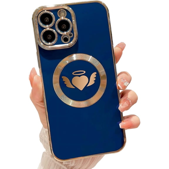 Compatible with iPhone 12 Pro Max Magnetic Case-6.7 Inch,with Wings, Heart,Angel Pattern Luxury Plating Phone Case for Women Girls with Camera Lens Protector Back Cover-Blue